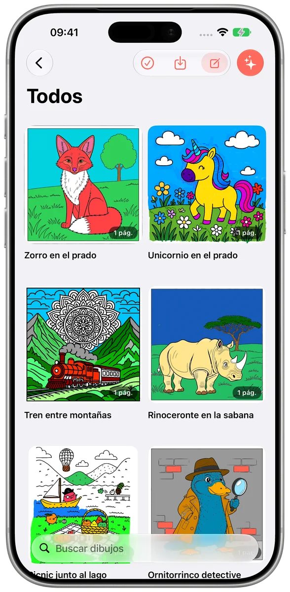 Galería de Printables en iPhone con dibujos coloreados