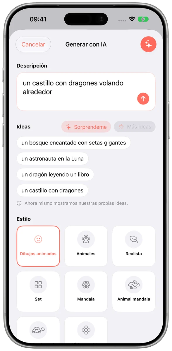Formulario de generación con IA abierto con un prompt y estilos