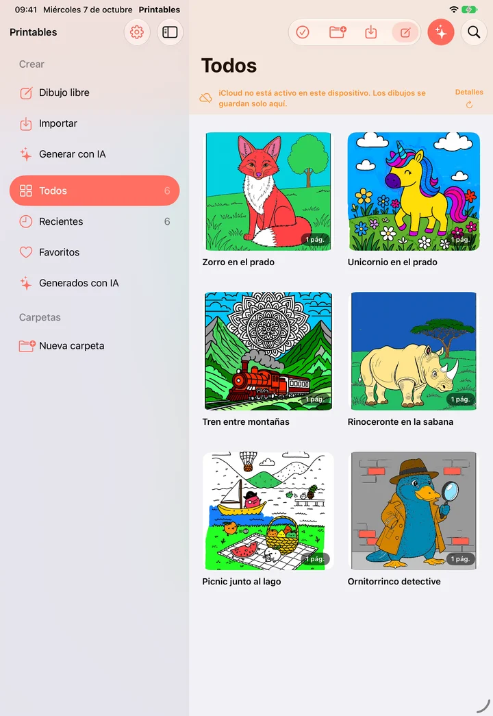 Biblioteca de Printables en iPad con barra lateral y dibujos coloreados