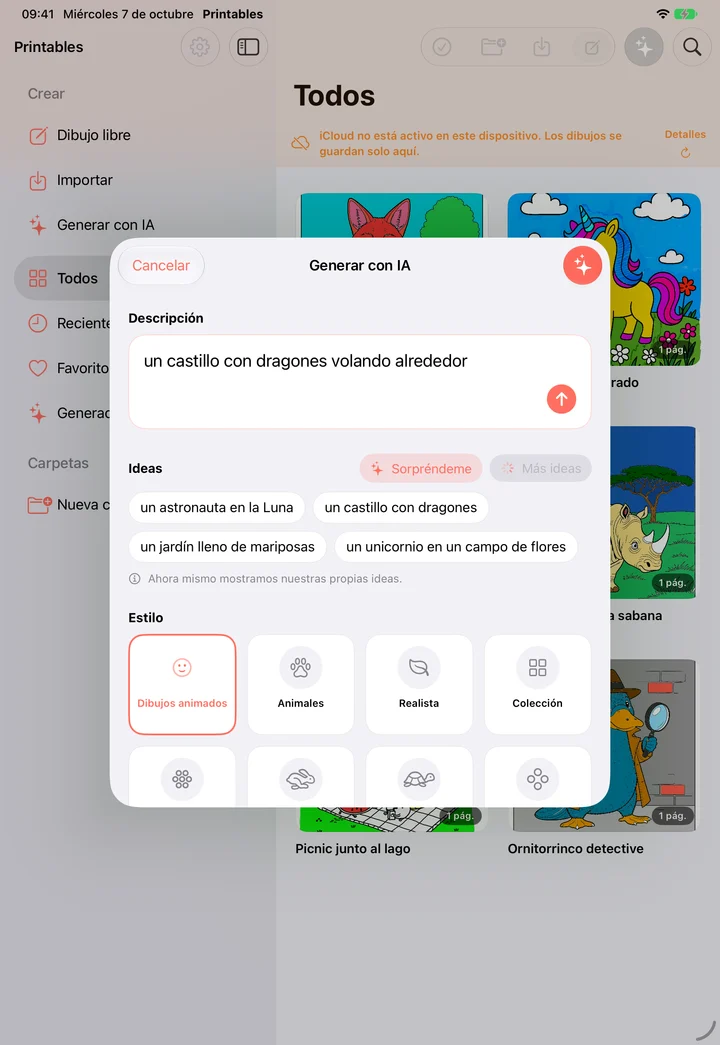 Panel de generación con IA abierto sobre la biblioteca de iPad